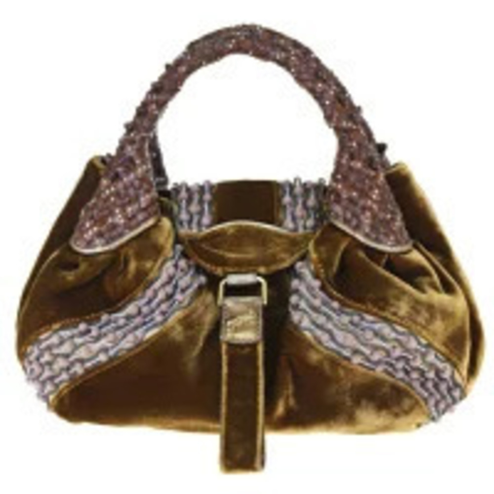 Fendi Spy Bag Handbag Rhinestone Brown Velour Leather